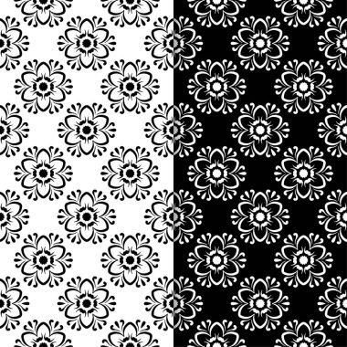 Siyah ve beyaz çiçek arka planlar. Tekstil ve duvar kağıtları için sorunsuz tasarım kümesi