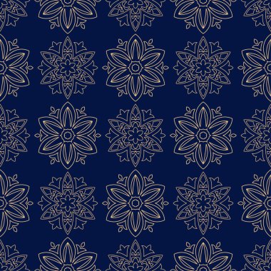 Koyu mavi zemin üzerine altın çiçek süsleme. Tekstil ve duvar kağıtları için seamless modeli