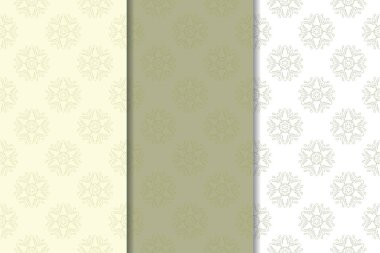 Zeytin yeşili ve beyaz çiçek arka planlar. Tekstil ve duvar kağıtları için dikişsiz desen seti