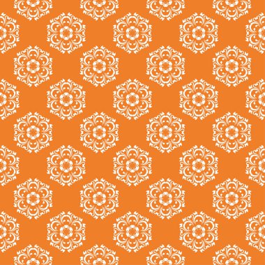 Turuncu zemin üzerine beyaz çiçek süsleme. Tekstil ve duvar kağıtları için seamless modeli
