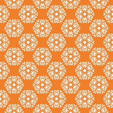 Turuncu zemin üzerine beyaz çiçek süsleme. Tekstil ve duvar kağıtları için seamless modeli