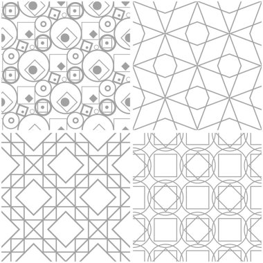 Geometrik desenler. Işık gri ve beyaz sorunsuz arka planlar kümesi. Vektör çizim