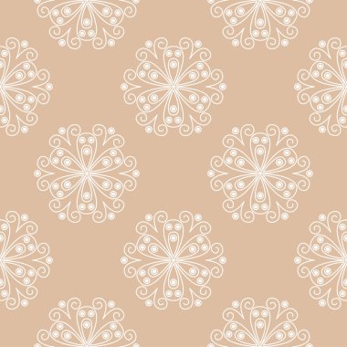 Bej renkli arka plan üzerinde beyaz çiçek süs tasarım. Tekstil ve duvar kağıtları için seamless modeli