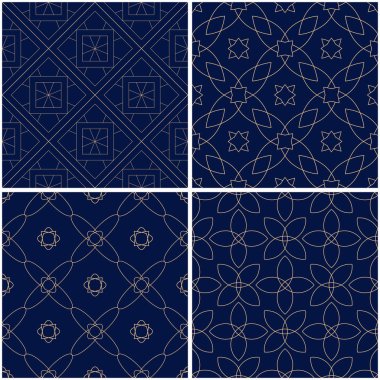 Geometrik desenler. Altın mavi sorunsuz arka planlar kümesi. Vektör çizim