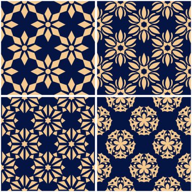 Çiçek desenleri. Altın mavi sorunsuz arka planlar kümesi. Vektör illustraton