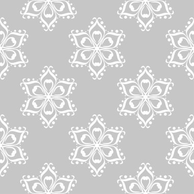 Gri arka plan üzerinde beyaz çiçekler. Tekstil ve duvar kağıtları için süs seamless modeli