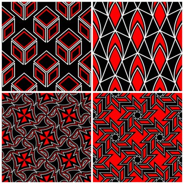 Sorunsuz siyah beyaz ve kırmızı desenler. Klasik geometrik arka plan duvar kağıtları ve tekstil