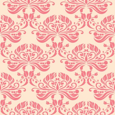 Bej renkli arka plan üzerinde kırmızı çiçekli süs. Tekstil ve duvar kağıtları için seamless modeli