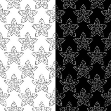Siyah ve beyaz çiçek arka planlar. Tekstil ve duvar kağıtları için dikişsiz desen seti