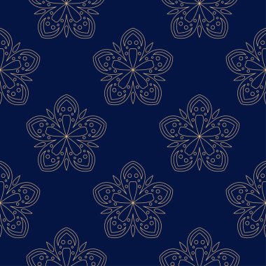 Koyu mavi zemin üzerine altın çiçek süsleme. Tekstil ve duvar kağıtları için seamless modeli