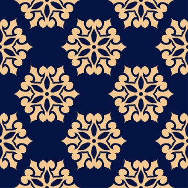 Koyu mavi zemin üzerine altın çiçek süsleme. Tekstil ve duvar kağıtları için seamless modeli