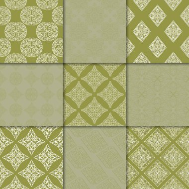 Zeytin yeşili geometrik süsler. Web, Tekstil ve duvar kağıtları için dikişsiz desen koleksiyonu