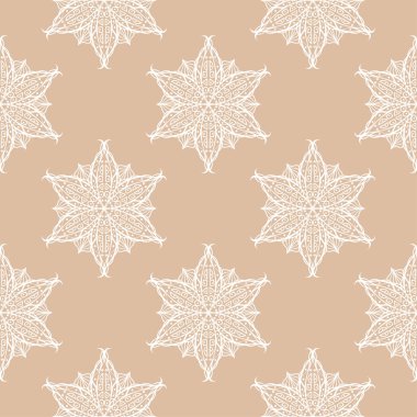 Bej renkli arka plan üzerinde beyaz çiçek süsleme. Tekstil ve duvar kağıtları için seamless modeli