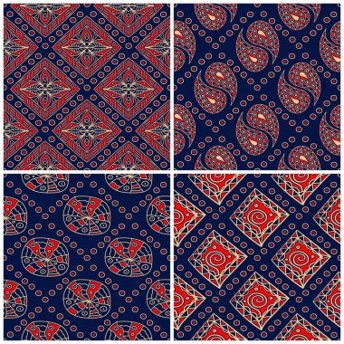 Sorunsuz arka planlar. Mavi klasik bej ve kırmızı duvar kağıtları, Tekstil ve kumaş için geometrik desenlerle ayarlar