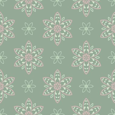 Çiçek seamless modeli. Zeytin yeşili arka plan duvar kağıtları, Tekstil ve kumaş için soluk pembe çiçek öğeleri ile