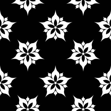Siyah arka plan üzerine beyaz çiçek süsleme. Tekstil ve duvar kağıtları için seamless modeli