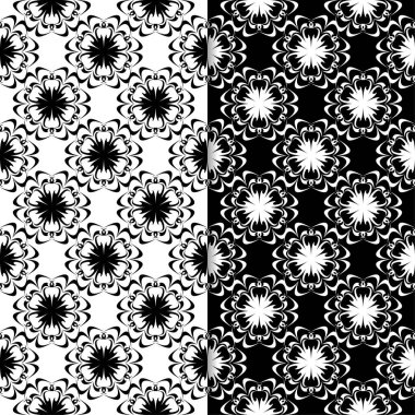 Siyah ve beyaz çiçek arka planlar. Tekstil ve duvar kağıtları için sorunsuz tasarım kümesi
