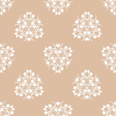 Bej renkli arka plan üzerinde beyaz çiçek süs tasarım. Tekstil ve duvar kağıtları için seamless modeli