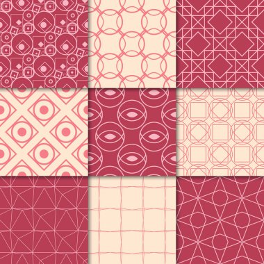 Kiraz kırmızı ve bej geometrik süsler. Web, Tekstil ve duvar kağıtları için dikişsiz desen koleksiyonu