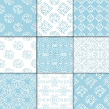 Mavi ve beyaz geometrik süsler. Web, Tekstil ve duvar kağıtları için dikişsiz desen koleksiyonu