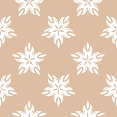 Bej renkli arka plan üzerinde beyaz çiçek süsleme. Tekstil ve duvar kağıtları için seamless modeli