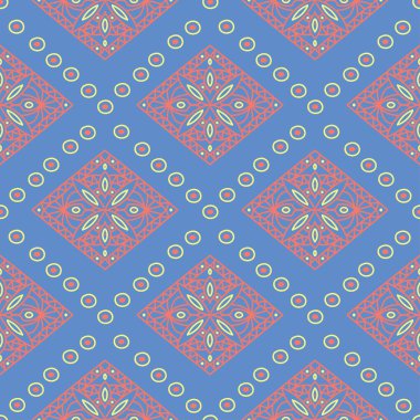 Geometrik mavi seamless modeli. Arka plan duvar kağıtları, Tekstil ve kumaş için kırmızı ve sarı tasarımı ile çok renkli