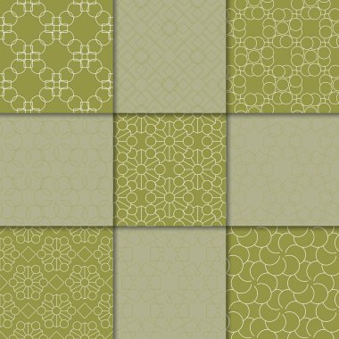 Zeytin yeşili geometrik süsler. Web, Tekstil ve duvar kağıtları için dikişsiz desen koleksiyonu