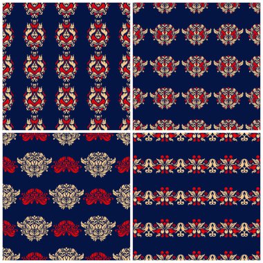 Sorunsuz arka planlar. Duvar kağıtları, Tekstil ve kumaş çiçek desenleri ile mavi klasik bej ve kırmızı belirler