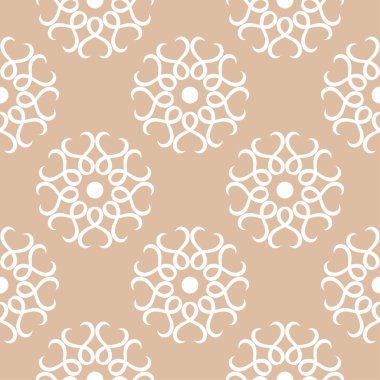 Bej renkli arka plan üzerinde beyaz çiçek süsleme. Tekstil ve duvar kağıtları için seamless modeli