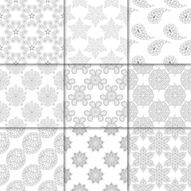 Gri ve beyaz çiçekli süsler. Kağıt için tarafsız Dikişsiz desen koleksiyonu Tekstil