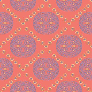 Geometrik seamless modeli. Parlak kırmızı bir arka plan duvar kağıtları, Tekstil ve kumaş için mavi ve sarı tasarımı ile