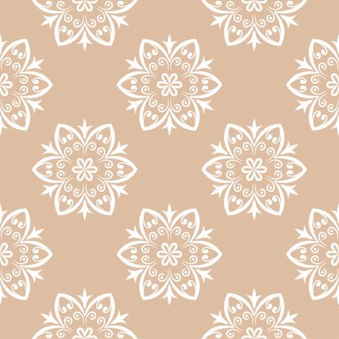 Bej renkli arka plan üzerinde beyaz çiçek tasarım. Tekstil ve duvar kağıtları için seamless modeli