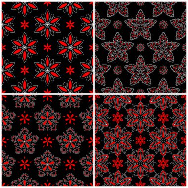 Sorunsuz arka planlar. Siyah beyaz ve kırmızı klasik duvar kağıtları, Tekstil ve kumaş çiçek desenleri ile ayarlar