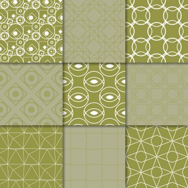Zeytin yeşili geometrik süsler. Web, Tekstil ve duvar kağıtları için dikişsiz desen koleksiyonu