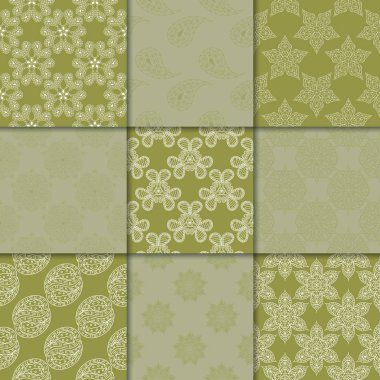 Zeytin Yeşil çiçekli süsler. Kağıt için dikişsiz desen koleksiyonu Tekstil