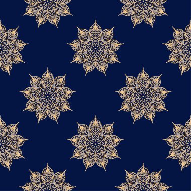 Koyu mavi zemin üzerine altın çiçek süsleme. Tekstil ve duvar kağıtları için seamless modeli