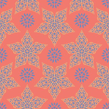 Çiçek seamless modeli. Parlak pembe turuncu arka plan duvar kağıtları, Tekstil ve kumaş için sarı ve mavi çiçek öğeleri ile