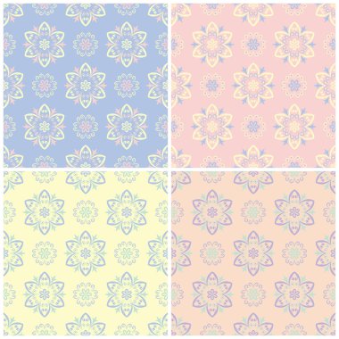 Soluk renkli kesintisiz arka plan duvar kağıtları, Tekstil ve kumaş çiçek desenleri ile set