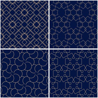 Geometrik desenler. Altın mavi sorunsuz arka planlar kümesi. Vektör çizim