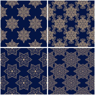 Çiçek desenleri. Altın mavi sorunsuz arka planlar kümesi. Vektör illustraton