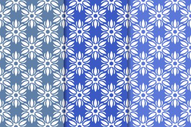 Mavi çiçekli süsler. Duvar kağıtları ve kumaşlar için dikey Dikişsiz desen seti