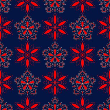 Kesintisiz mavi arka plan. Çiçek bej ve kırmızı desenli duvar kağıtları ve tekstil