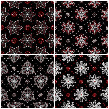 Sorunsuz arka planlar. Siyah beyaz ve kırmızı klasik duvar kağıtları, Tekstil ve kumaş çiçek desenleri ile ayarlar