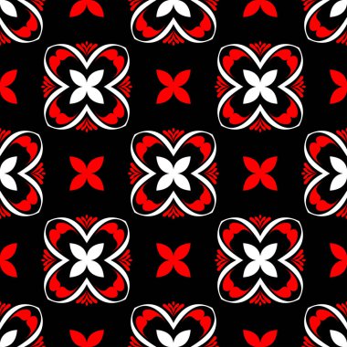 Sorunsuz çiçek desenli. Siyah arka plan üzerinde öğeleri kırmızı ve beyaz.