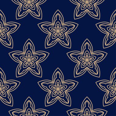 Koyu mavi zemin üzerine altın çiçek süsleme. Tekstil ve duvar kağıtları için seamless modeli