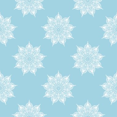 Mavi zemin üzerine beyaz çiçek süsleme. Tekstil ve duvar kağıtları için seamless modeli