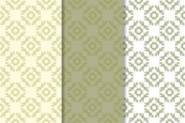 Zeytin yeşili ve beyaz çiçek arka planlar. Tekstil ve duvar kağıtları için dikişsiz desen seti