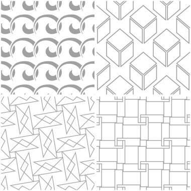 Geometrik desenler. Işık gri ve beyaz sorunsuz arka planlar kümesi. Vektör çizim