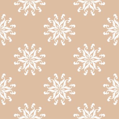 Bej renkli arka plan üzerinde beyaz çiçek tasarım. Tekstil ve duvar kağıtları için seamless modeli