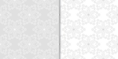 Işık gri ve beyaz çiçekli süsler. Tekstil ve duvar kağıtları için dikişsiz desen seti